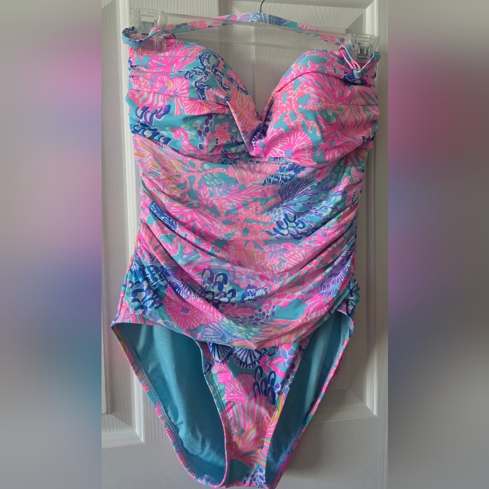 Lilly Pulitzer Pink & Turquoise Floral Ruched One-Piece Swimsuit